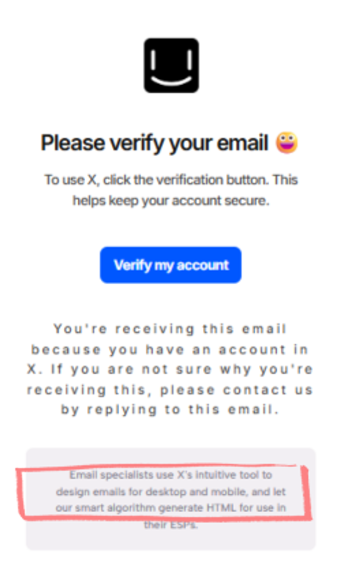 HTML email verification template highlighting the promotional footer text describing the email design tool.